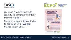 A flyer with the words esop we people with obesity continue appointment on weight management.