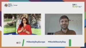 A man and a woman are talking on a video screen.