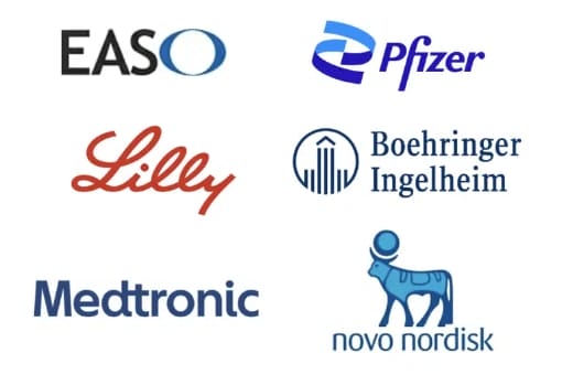 Medtronic, Pfizer, Lilly, Boehringer Ingelheim, Novo Nordisk and EASO logos.