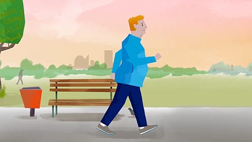 A cartoon illustration of a man jogging in a park.