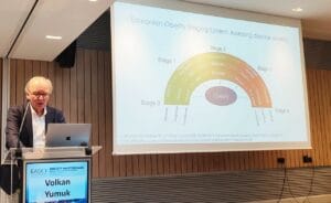 A man presenting at a podium with a slide titled "Edmonton Obesity Staging System: Assessing disease severity" displaying a semi-circle chart categorizing obesity stages from 1 to 4.