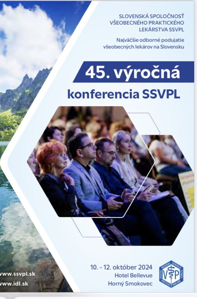 Audience seated at the 45th annual SSVPL conference in Slovakia, with event details written above.