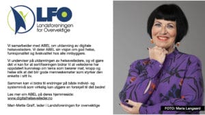 A woman stands beside a text and logo for Landsforeningen for Overvektige. She is wearing a purple-patterned blouse and smiling with her hand under her chin. Photo credit: Maria Langaard.