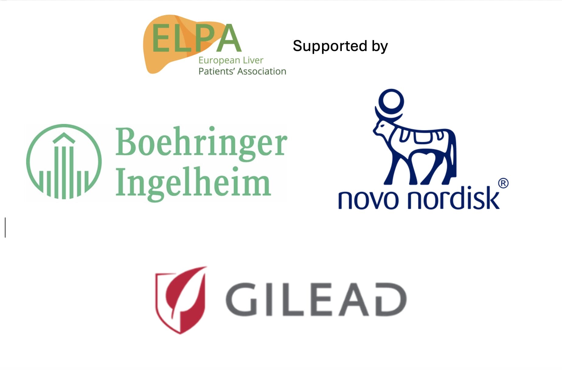 Logos of the European Liver Patients' Association, Boehringer Ingelheim, Novo Nordisk, and Gilead. "Supported by" text above Novo Nordisk logo.