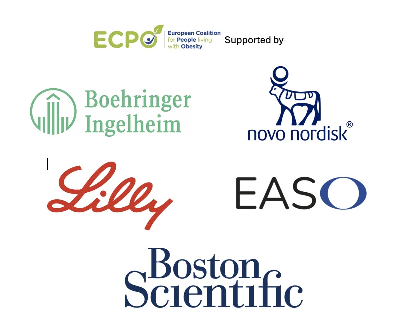 Logo collage of ECPO, Boehringer Ingelheim, Lilly, Novo Nordisk, EASO, and Boston Scientific, indicating support for an initiative related to obesity. Logo collage of ECPO, Boehringer Ingelheim, Lilly, Novo Nordisk, EASO, and Boston Scientific, indicating support for an initiative related to obesity.