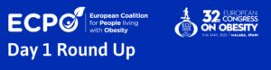 Banner for the European Congress on Obesity 2025 and European Coalition for People Living with Obesity, highlighting "Day 1 Round Up" in Málaga, Spain.