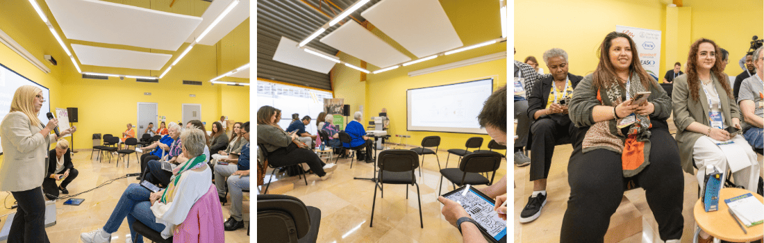 Three-panel image shows a speaker addressing an audience in a yellow-walled room, and attendees seated, listening and using electronic devices.