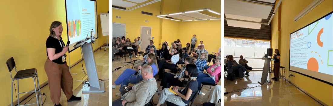 Three photos show a woman giving a presentation to a seated audience in a yellow room, with slides projected onto a screen.