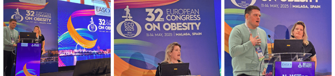 Three photos show speakers presenting at the 32nd European Congress on Obesity in Málaga, Spain, standing at a podium with the event's colorful backdrop behind them.
