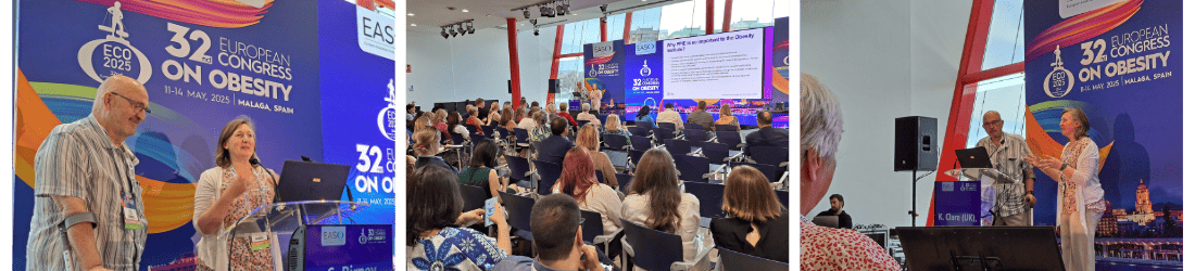 Three images show speakers presenting and an audience listening at the 32nd European Congress on Obesity, with event banners and projection screens visible.
