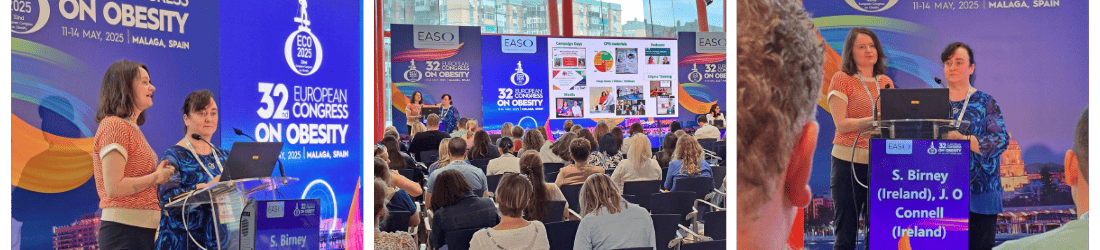 Three photos show speakers presenting at the 32nd European Congress on Obesity in Malaga, Spain, with an audience listening and slides displayed on a screen.