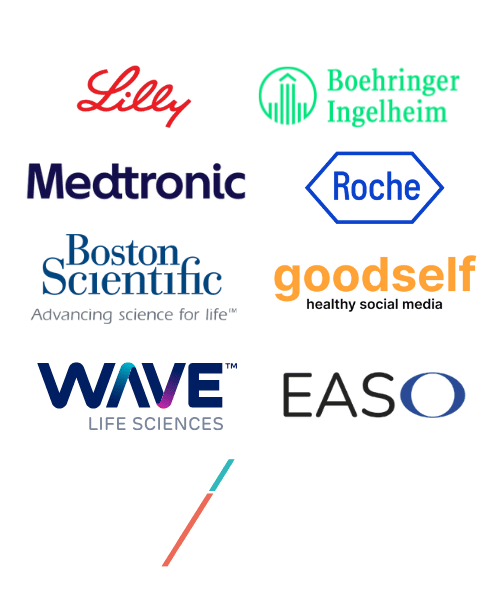 Logos of various health and science organizations, including Lilly, Boehringer Ingelheim, Medtronic, Roche, Boston Scientific, goodself, WAVE, EASO, and World Obesity.