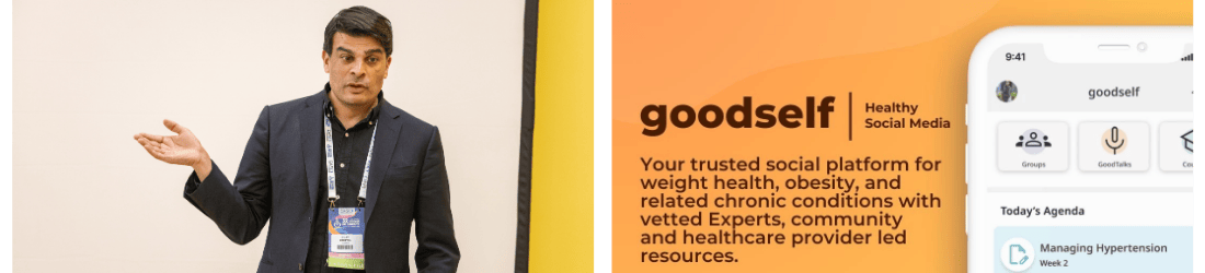 A man speaks at an event; next to him is a promotional slide for Goodself, a health-focused social platform, with an app interface and description.