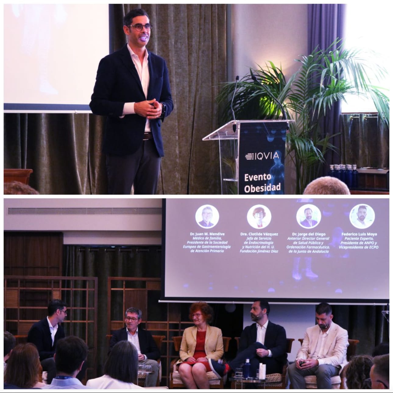 Two photos: Top, a man speaks at a podium during an event titled "Evento Obesidad." Bottom, five people sit on a panel facing an audience. Two photos: Top, a man speaks at a podium during an event titled "Evento Obesidad." Bottom, five people sit on a panel facing an audience.