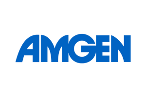 Blue Amgen logo in bold, uppercase letters on a light gray background.