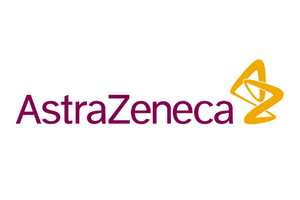 AstraZeneca logo with the company name in purple text and a yellow abstract symbol on a white background.