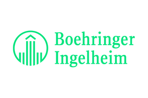 Boehringer Ingelheim logo featuring a stylized green outline of a building with vertical lines, next to the company name in green text on a light background.