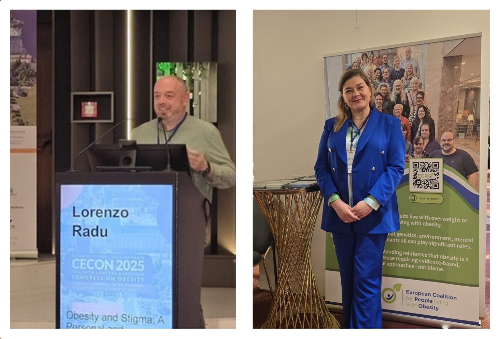 A man speaks at a podium with a presentation slide behind him, and a woman in a blue suit stands near a banner for the European Coalition for People Living with Obesity.