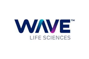 Wave Life Sciences logo with the word "WAVE" in bold blue letters, featuring a gradient accent, above the words "LIFE SCIENCES" in smaller gray text on a white background.