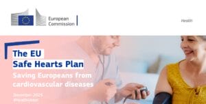 A healthcare worker measures a woman's blood pressure; the image promotes the EU Safe Hearts Plan to prevent cardiovascular diseases.
