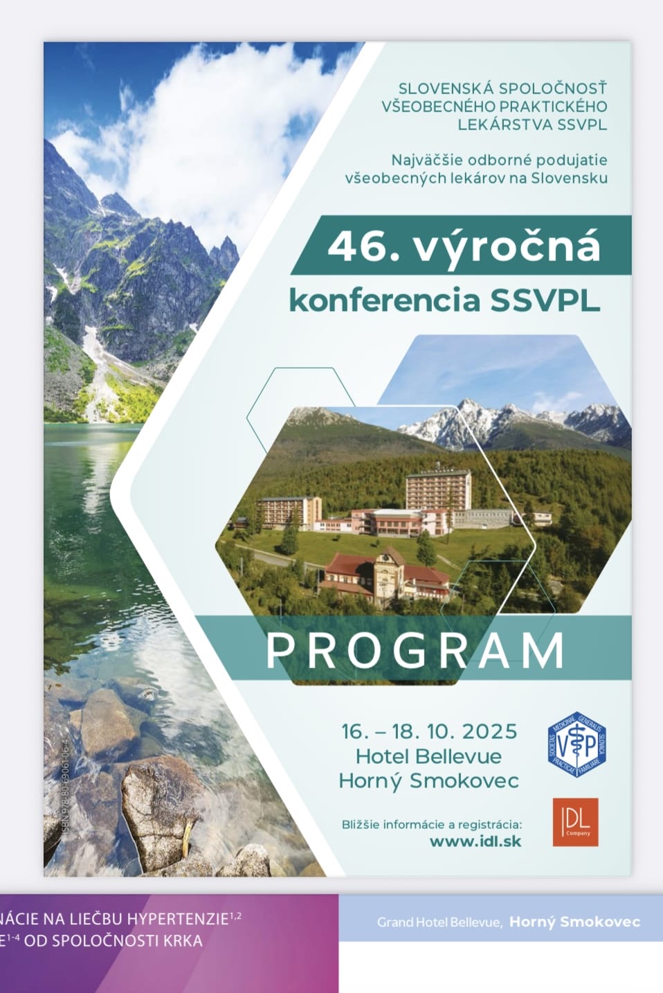 Poster for the 46th Annual SSVPL Conference, held October 16-18, 2025, at Hotel Bellevue in Horný Smokovec, with images of mountains and the hotel.