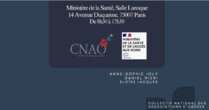 Event notice for CNAO at the Ministry of Health, Salle Laroque in Paris, on 14 Avenue Duquesne, from 8:30 am to 5:30 pm, with organizing team names listed.